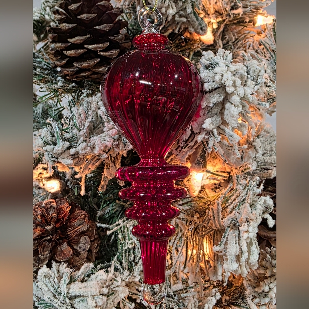 Red Glass finial Christmas ornament, Hand Blown